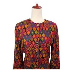 Vintage Women 80s Geometric Print Fit Flare Midi Dress Retro Jewel Tone Small